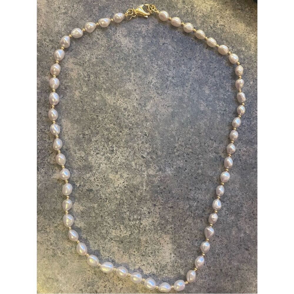 Classic Freshwater Pearl Necklace in White with Gold Beads in-between and Clasp